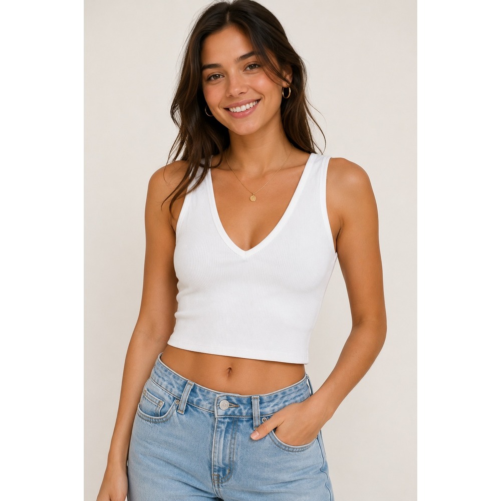 90 Degree by Reflex Women XL White Ribbed V-Neck Seamless Crop Tank Top 456